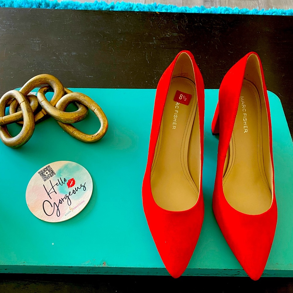 Red suede pumps, with silver line above heel , never worn.